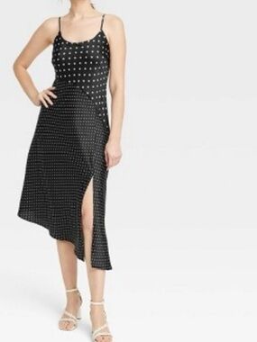 Black White Polka Dot Midi Slip Dress Asymmetrical Hem Side Slit XXL 90s minimal